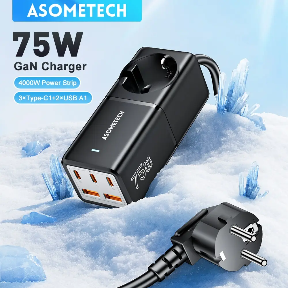 ASOMETECH-cargador de escritorio GaN de 75W, estación de carga de tira de alimentación de 4000W, potencia nominal de 70W, PD, Cargador rápido para iPhone, Samsung, portátil