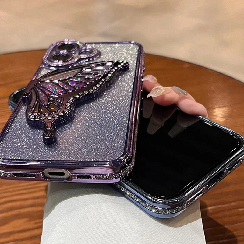 Funda de mariposa 3D de lujo para iPhone 17 Air 16 15 13 12 11 14 Pro Max Plus Bling Diamond Glitter Plating Funda trasera suave - imagen 5
