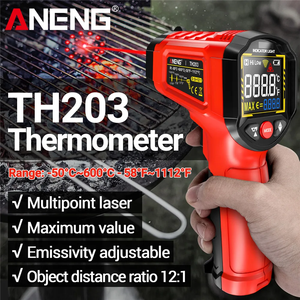 Termómetro infrarrojo industrial inteligente ANENG TH203 -50 ~ 600 ℃ Pistola de temperatura VA, probador de pantalla a Color inverso, herramientas de pirómetro - imagen 2