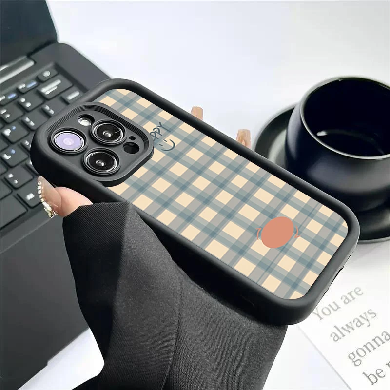 Funda a cuadros con cara sonriente feliz y azul para iPhone 11 12 13 14 15 16PRO MAX PLUS cobertura completa de lentes prevención de caídas funda de teléfono tpu - imagen 3