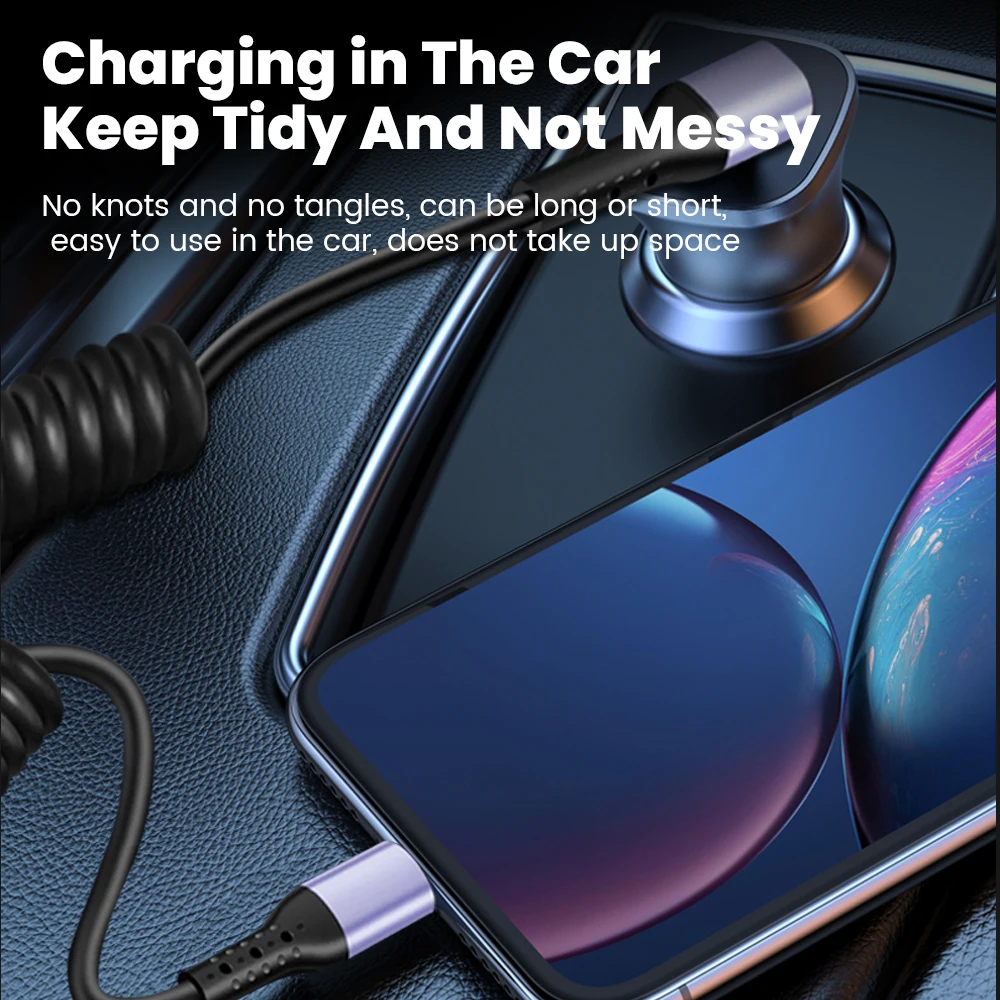 Codo de 90 grados USB tipo C a C Cable resorte retráctil USB C Cable 6A 66W Cable de datos de carga rápida para iphone Android CarPlay - imagen 2