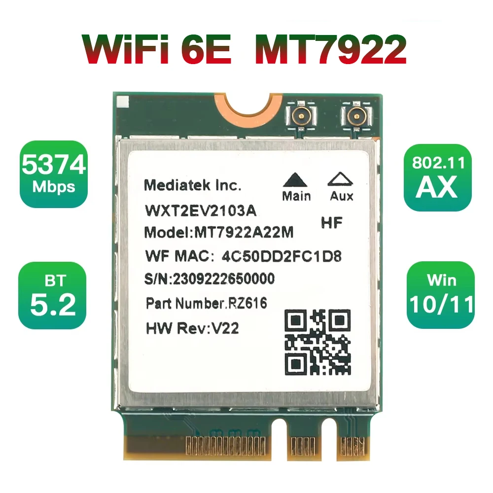 Tarjeta inalámbrica WiFi6E MT7922 M.2 5374Mbps Bluetooth 5,2 Tri Band 2,4G/5G/6Ghz adaptador de red 802.11AX Windows 10/11