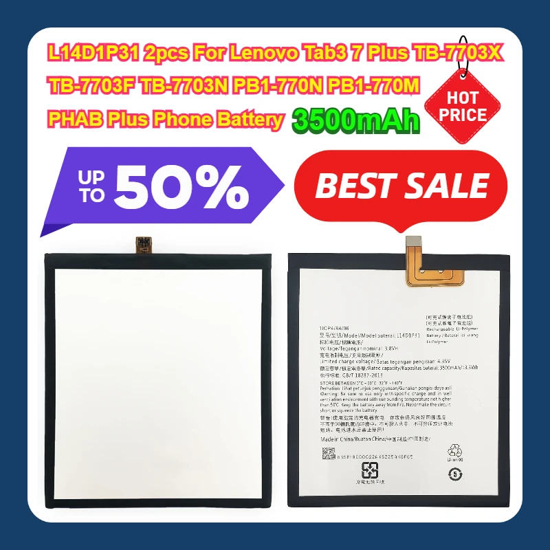 L14D1P31 2 uds para Lenovo Tab3 7 Plus TB-7703X TB-7703F TB-7703N PB1-770N PB1-770M PHAB Plus teléfono 3500mAh batería