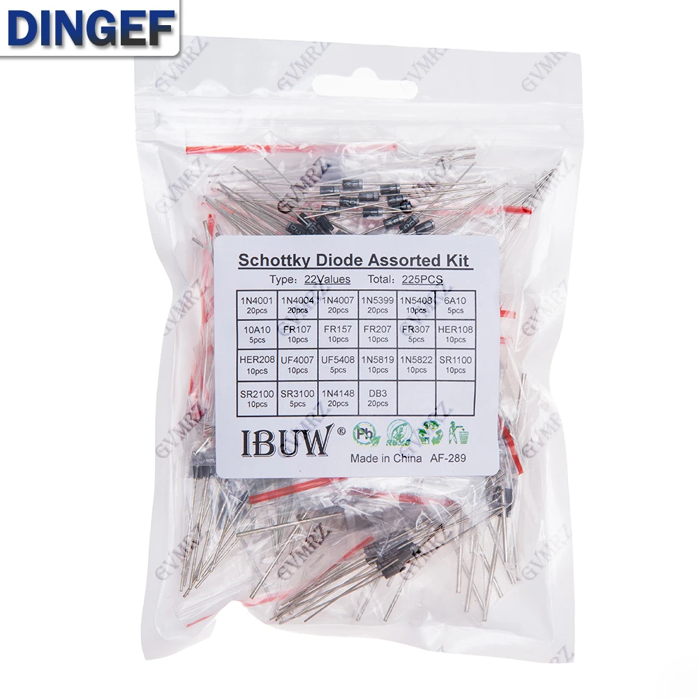 225 Uds 22 valores Kit surtido de diodos Schottky 1N4001 1N5819 1N4007 1N4148 DB3 10A10 6A10 para KIT de rectificación electrónica