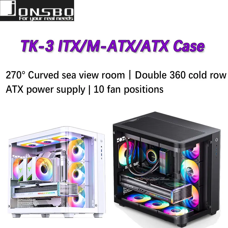 JONSBO TK-3 270 ° Chasis ATX curvo para sala de vista marítima (duple 360 radiadores/fuente de alimentación ATX/10 posiciones de ventilador/Type-c Gen2 10Gbps+)