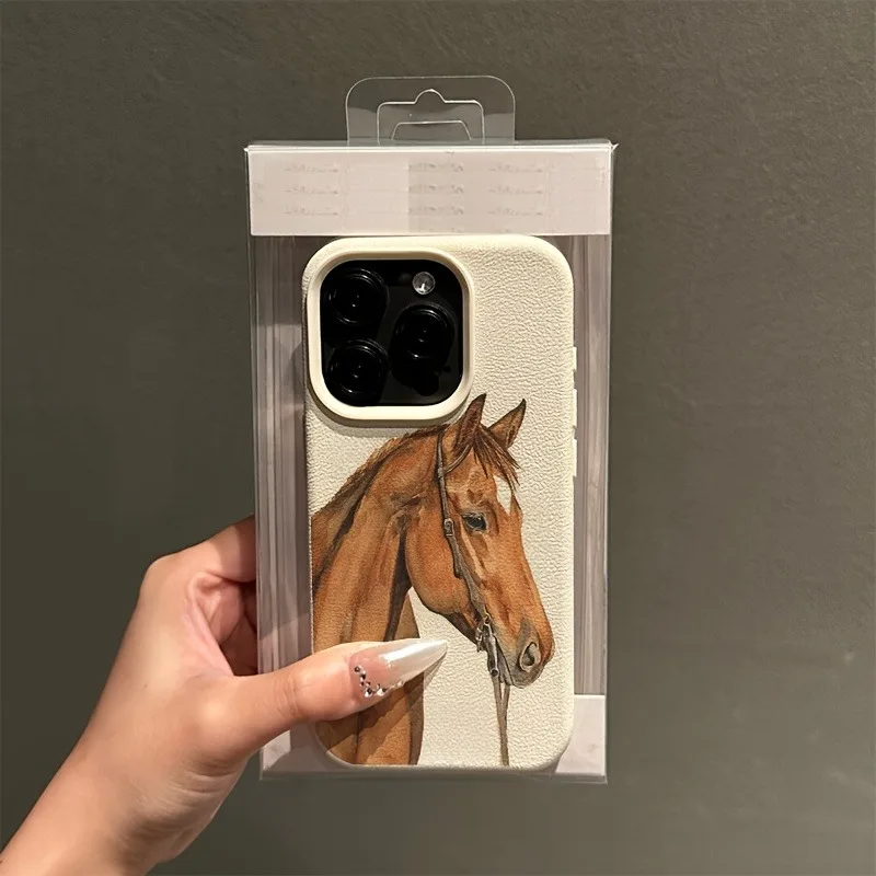 Funda de teléfono con textura de lichi y patrón de caballo marrón para iPhone 17 Pro Max 11 12 13 14 15 16 17 Air 15 14 Plus X XS XR 16E, funda suave - imagen 4