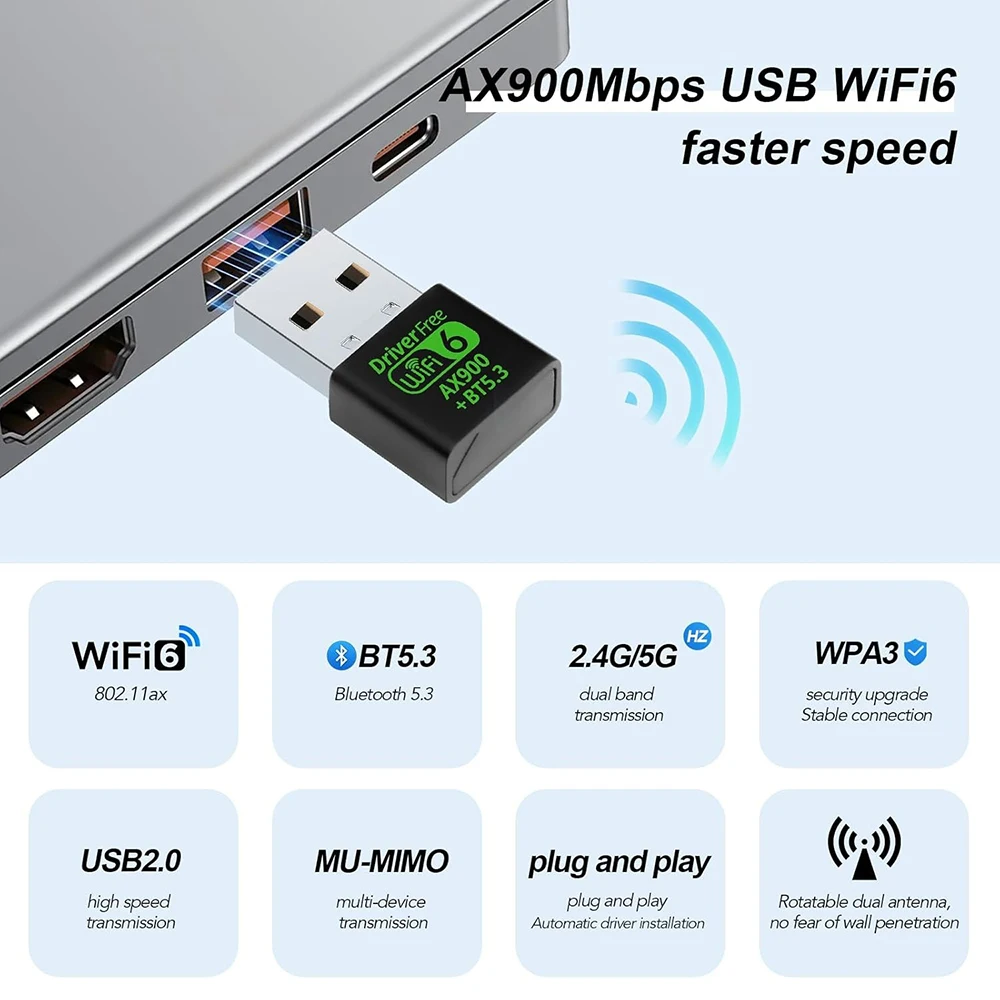 Adaptador combinado AX900Mbps WiFi6 y Bluetooth 5,3, receptor Wi-Fi USB externo de red inalámbrica de doble banda 5G/2,4 Ghz para PC Win10/11 - imagen 5