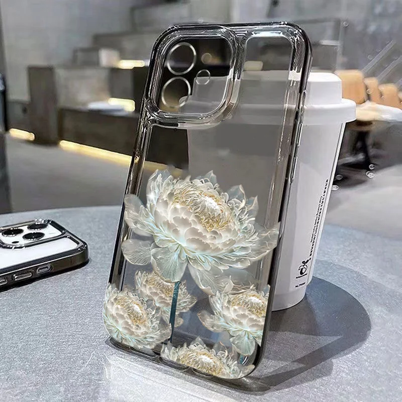 Funda de teléfono con patrón de flor de loto para iPhone 16 Pro Max 15 14 13 12 11 XS X XR 7 8 Plus SE 2022, funda trasera transparente a prueba de golpes - imagen 2