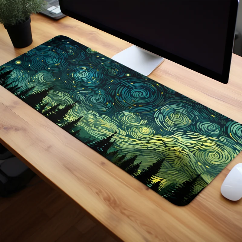Alfombrilla de ratón para juegos extendida Starry Night Forest, alfombrilla de escritorio grande con base de goma antideslizante con bordes cosidos para el hogar, la oficina y los juegos - imagen 4