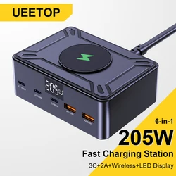 Ueetop-cargador GaN de 205W con pantalla Digital, cargador USB tipo C de escritorio PD 100W PPS 45W QC4.0, carga rápida para ordenador portátil, tableta y teléfono