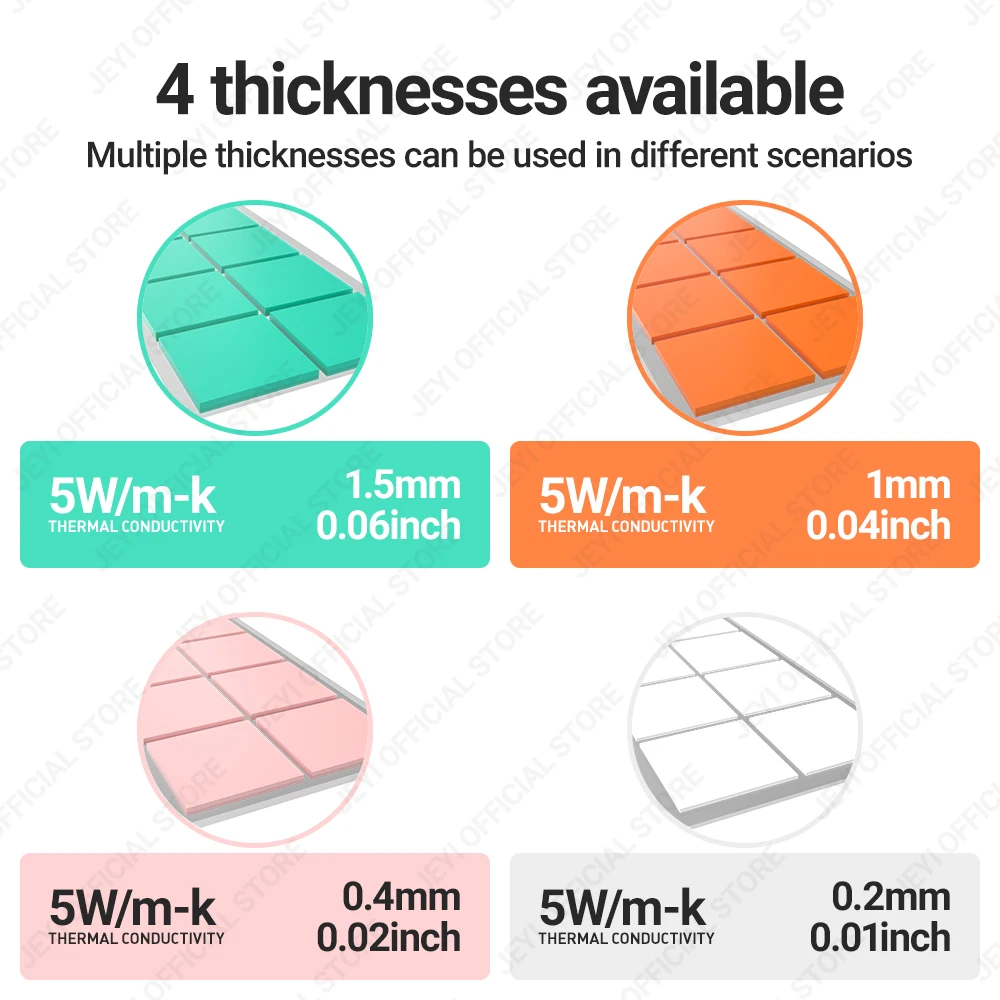 Paquete de 100 almohadillas de silicona conductoras térmicas JEYI, almohadilla térmica M.2 SSD NVMe NGFF para PC, portátil, disipador térmico/GPU/CPU/tarjeta gráfica LED - imagen 2