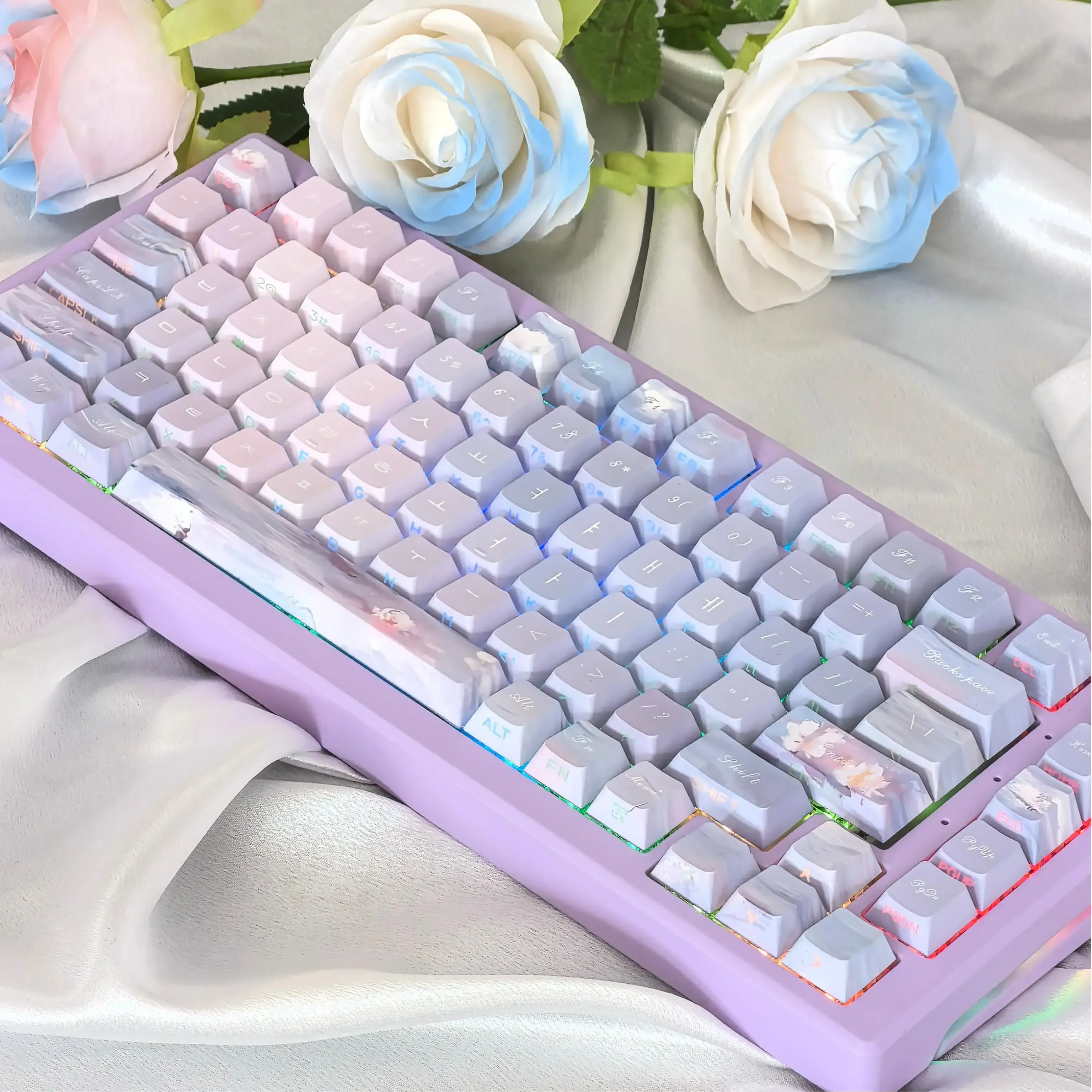 Cherry Profile Coreano Keycap Dreamy Luz Púrpura Lado Grabado Translúcido PBT Hangul Keycaps para Teclado Mecánico 한Disfrute