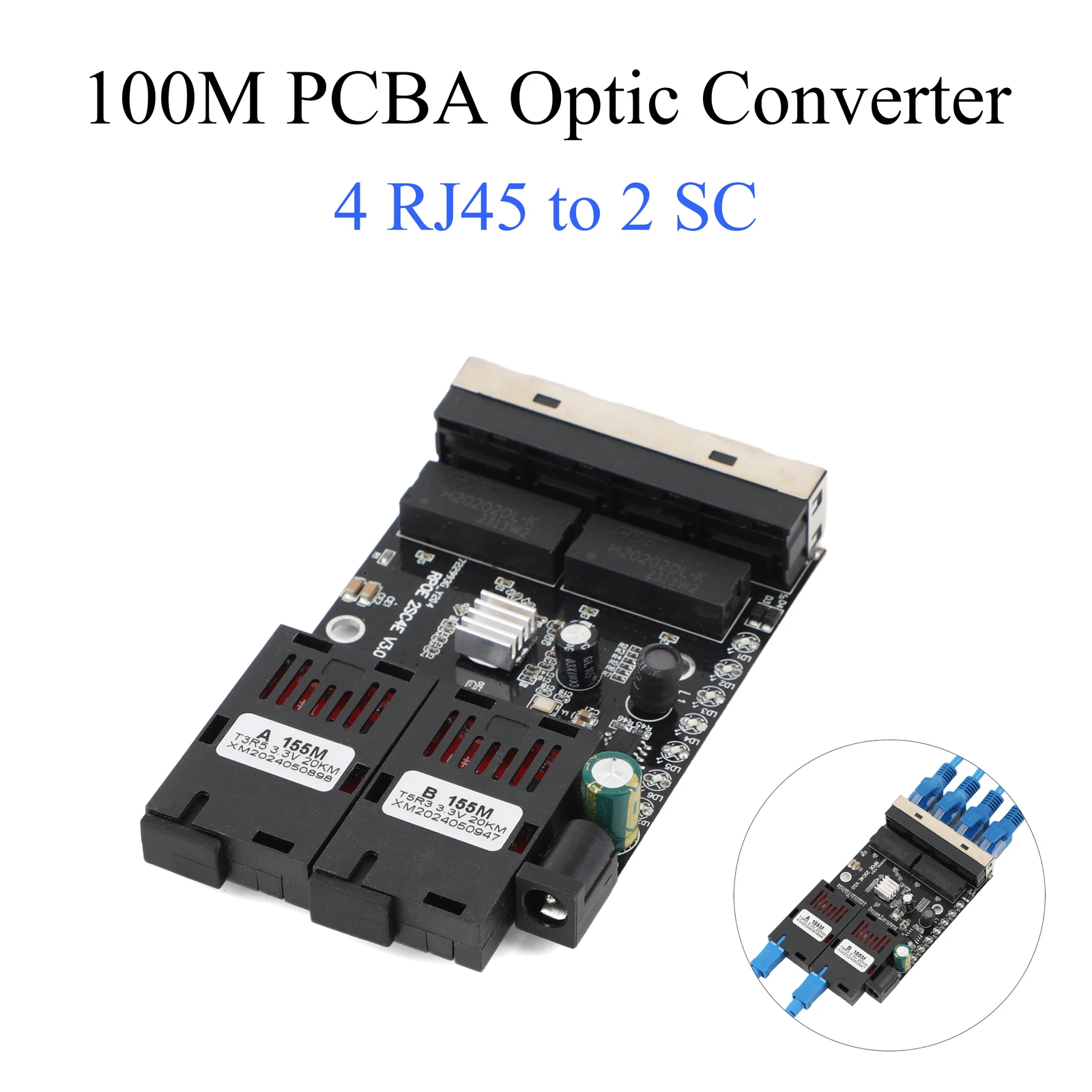 Convertidor de medios de fibra óptica 100M 4 RJ45 a 2 SC A + B conector óptico 1310nm/1550nm puertos placa PCBA 20KM interruptor Ethernet negro