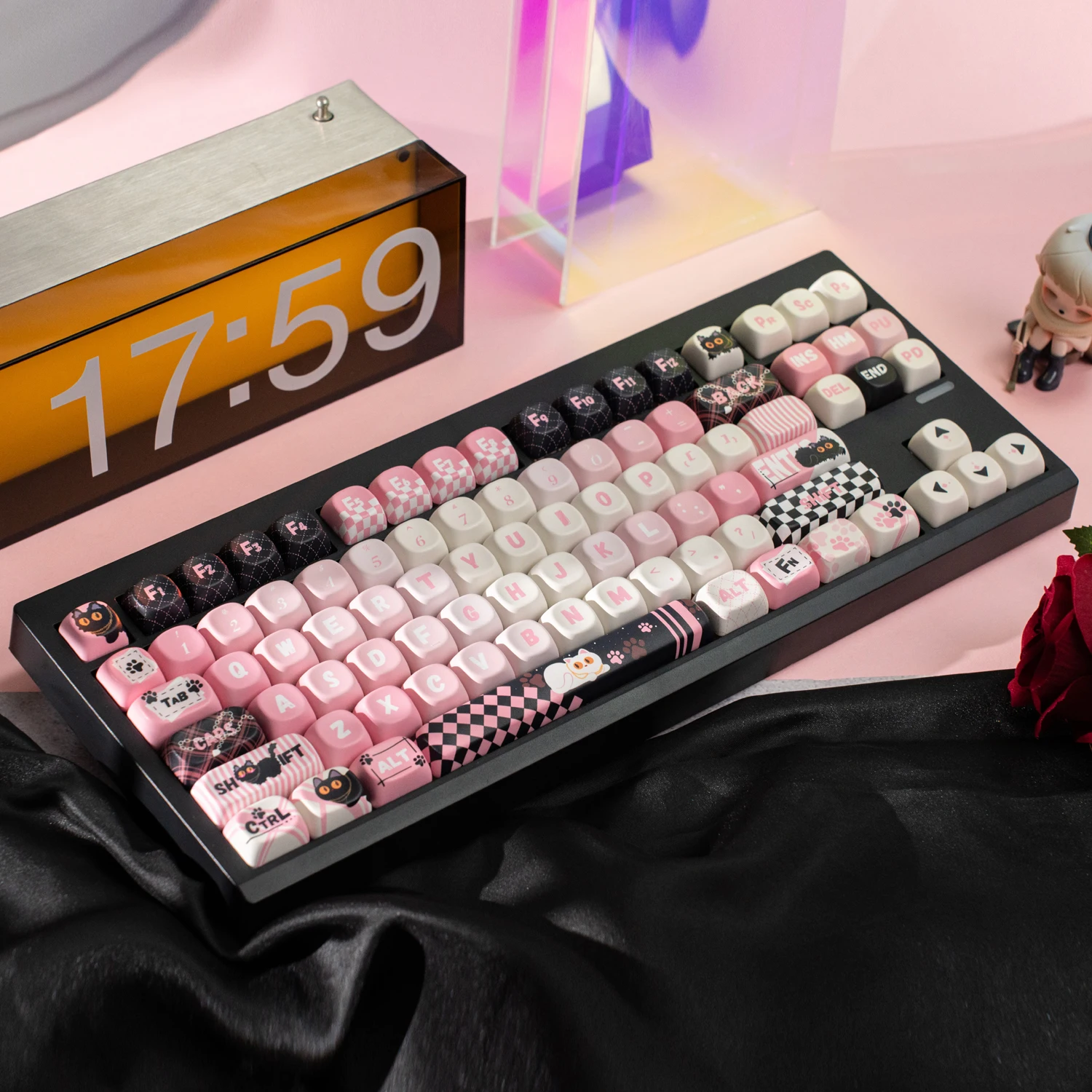 Dulce Cool Cat Keycap MOA perfil negro rosa 134 teclas redondas lindas gorras de bola PBT sublimación térmica teclas de teclado mecánico - imagen 5