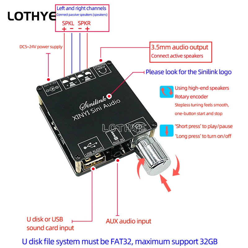DC 8-26V Audio estéreo de doble canal Bluetooth 5,0 Placa amplificadora de potencia Digital 50W + 50W Módulo amplificador con Bluetooth AUX - imagen 3