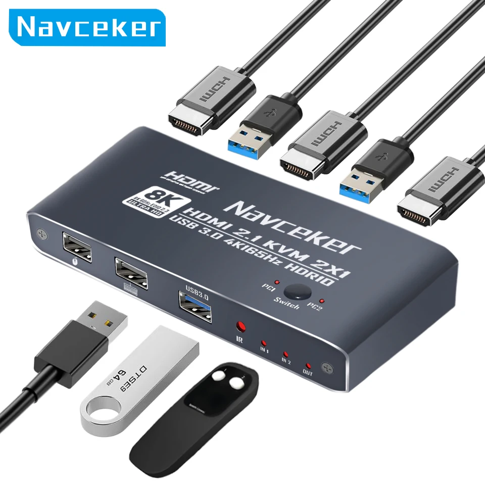 Navceker KVM Switch 8K 60Hz HDMI 2 PC 4K 165Hz USB 3,0 HUB estación de acoplamiento Dock 2 ordenador PC compartir 3 USB teclado ratón impresora - imagen 2