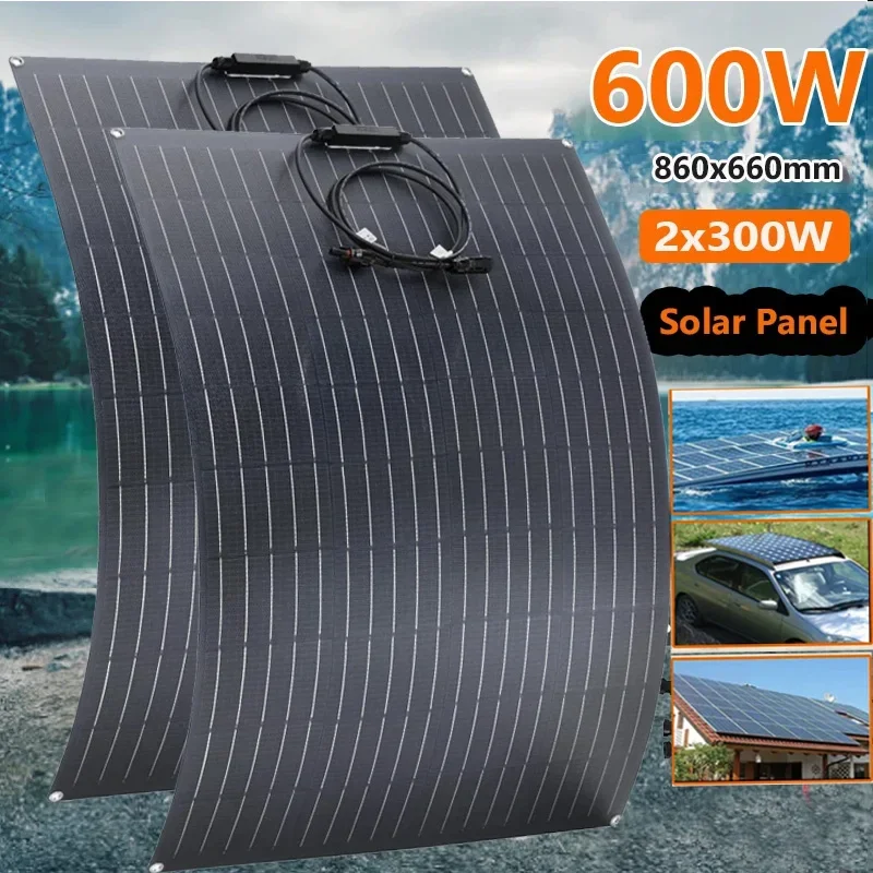 Kit de Panel Solar Flexible de 600W y 300W, cargador de células solares monocristalinas de 18V para acampar al aire libre, yate, autocaravana, coche, RV y barco