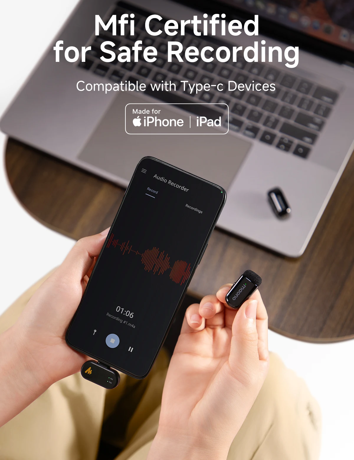 MAONO T1mini micrófono de solapa inalámbrico para cancelación de ruido de teléfono función de recorte automático configuración de aplicación micrófono de grabación de Audio y vídeo - imagen 5