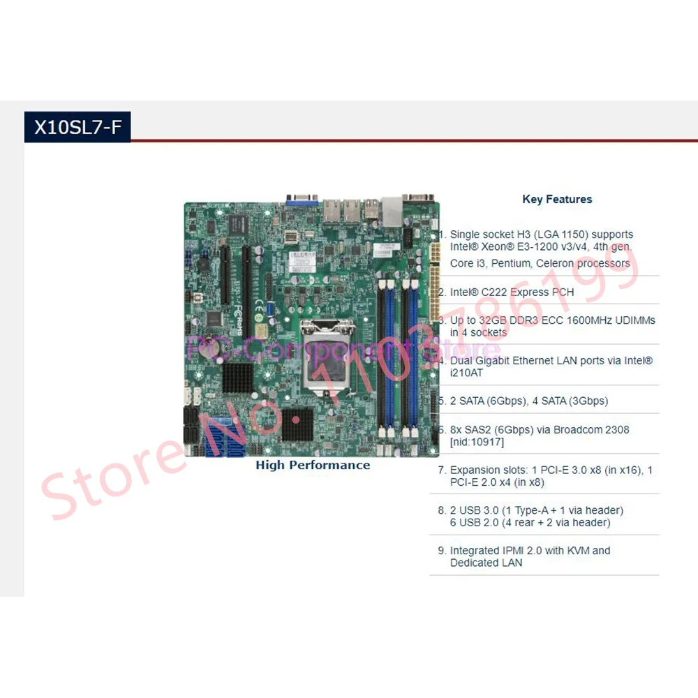 Placa base de servidor de alto rendimiento X10SL7-F E3-1200 v3/v4 4.a generación. Core i3 ECC 8x SAS2 (6Gbps) LGA1150 DDR3