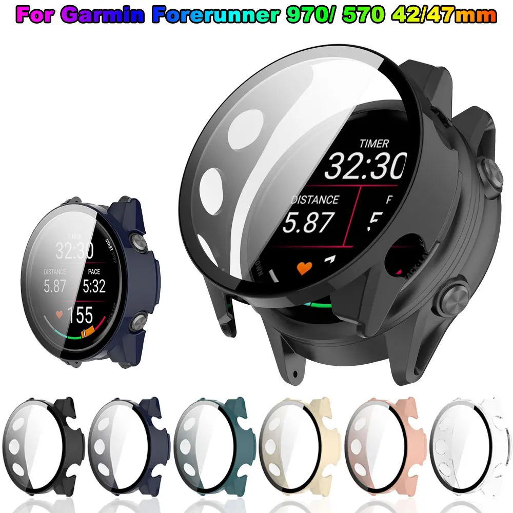 Caja de reloj de PC + película de vidrio para Garmin Forerunner 570 42mm 47mm cubierta protectora de pantalla + marco de vidrio templado Forerunner 970 47mm