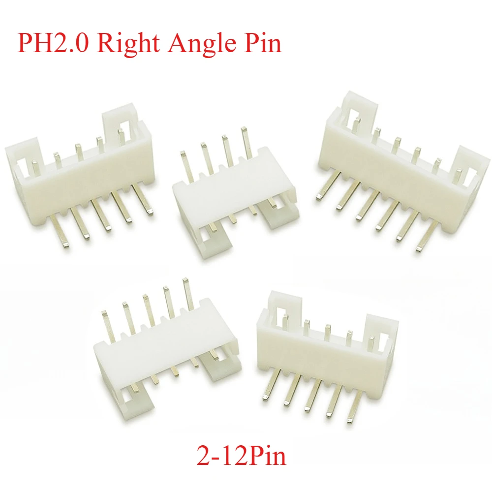 50 unidades PH2.0 conector macho de ángulo recto blanco soporte de aguja de pie de 90 grados cabezal de 2,0 MM aguja curva 2/3/4/5/6-12 pines AW Pin curvo
