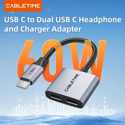 CABLETIME Adaptador USB-C doble para carga y audio, 60 W