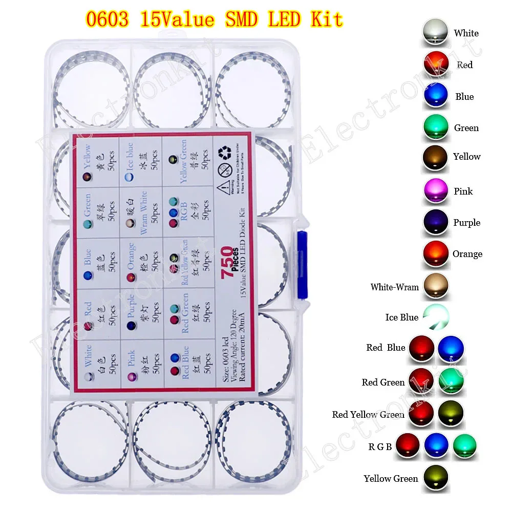 0402 0603 0805 1206 1210 5730 5050 SMD LED Kit mixto Cálido Blanco frío Rojo Verde Azul Amarillo Naranja UV Rosa Intermitente rápido - imagen 5