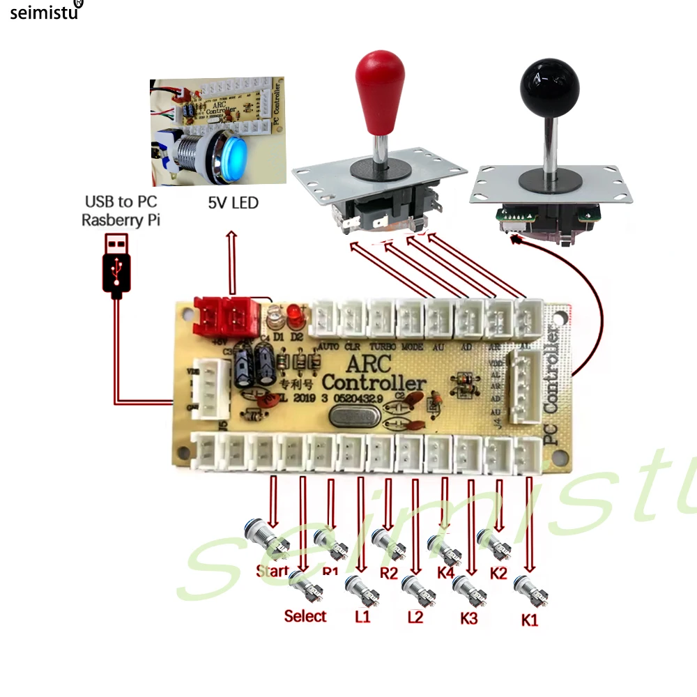 Kit de juego Arcade DIY para 2 jugadores, botón pulsador ligero, Joystick de estilo americano, Cables codificadores USB compatibles con PC Raspberry Pi M - imagen 5