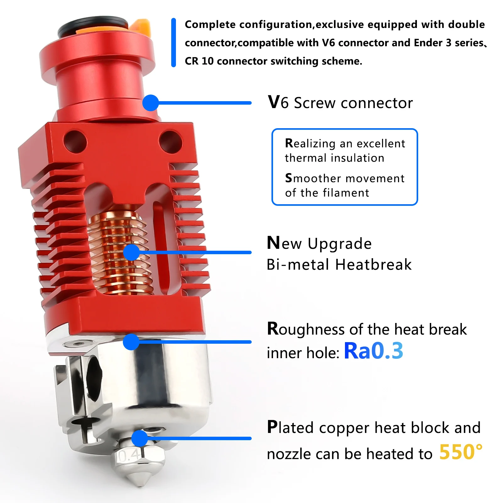 Red Lizard V5 Pro V6 Hotend Kit ensamblado Bi Metal rotura de calor cobre plateado para CR-10 CR10S Ender-3 V2 Ender-3 pieza de impresora 3D - imagen 4
