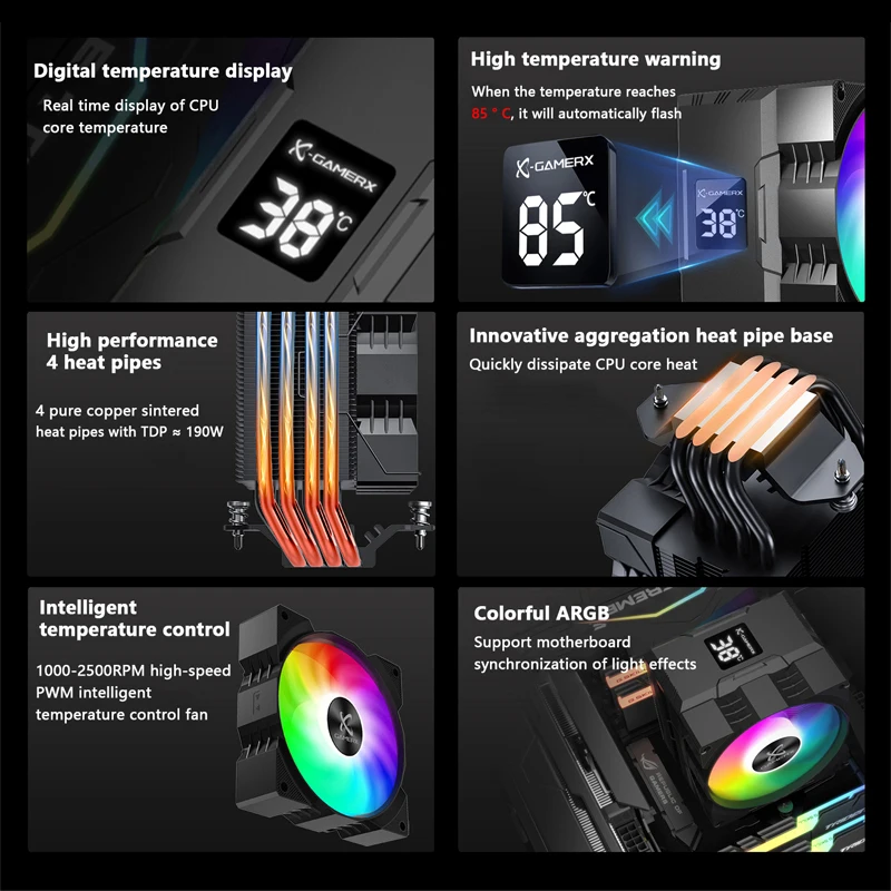 Enfriador de CPU Power Train x-gamamerx Z-1300 ARGB con pantalla Digital de temperatura, radiador, 4 tubos de calor para LGA1700/1200 115X AM4 AM5 - imagen 5