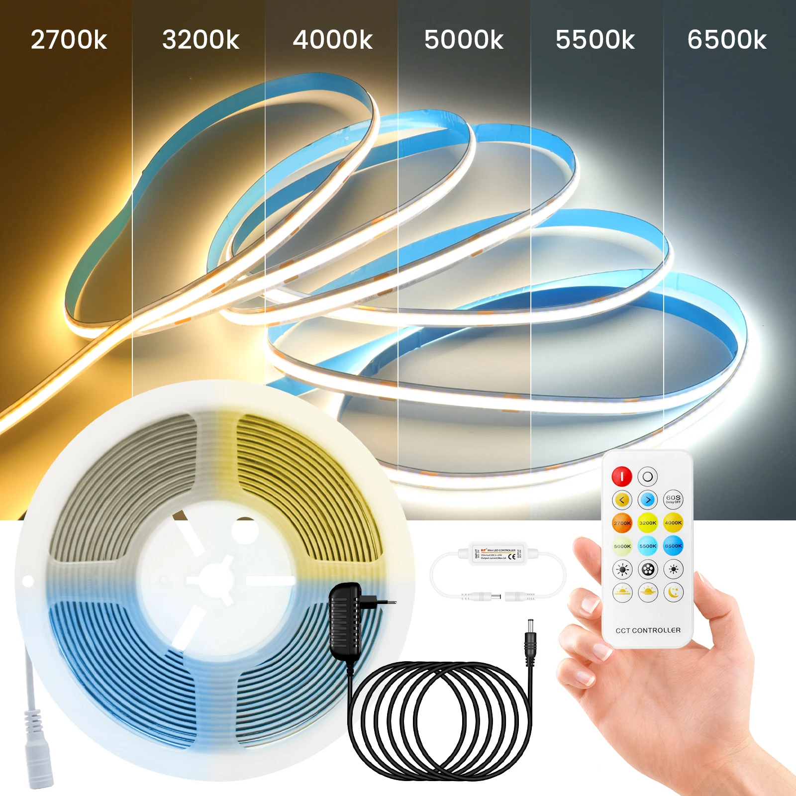 Tira de luz LED COB CCT de 24V, 576LEDs/m, alta densidad, doble Color, RA90, regulable, 2700K a 6500K, cinta Led cambiante con Kit de 17 teclas - imagen 2