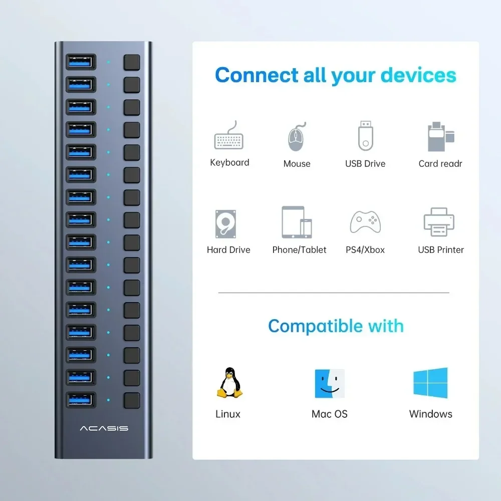 Acasis-Hub USB 3,1 de 10Gbps, divisor de 16 puertos, concentrador USB alimentado de aluminio para Pc, portátil, Macbook Pro, cubierta de vapor, carga de transferencia de datos - imagen 4