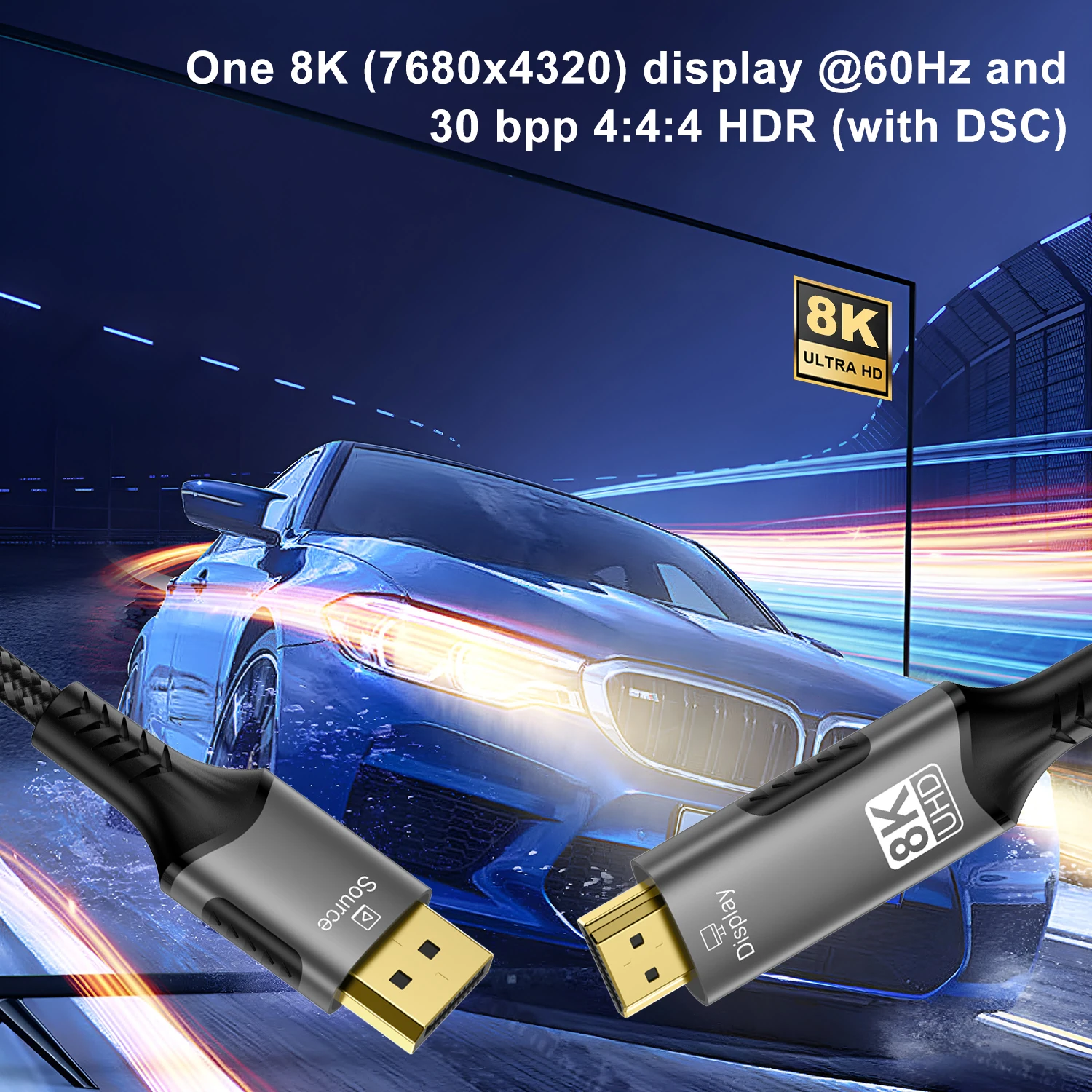 Convertidor 2,1 Compatible con DisplayPort a HDMI, Cable DP1.4 a HDMI 8K @ 60Hz 4K @ 120Hz HDR para escritorio, portátil, PC, TV, Monitor, proyector - imagen 4