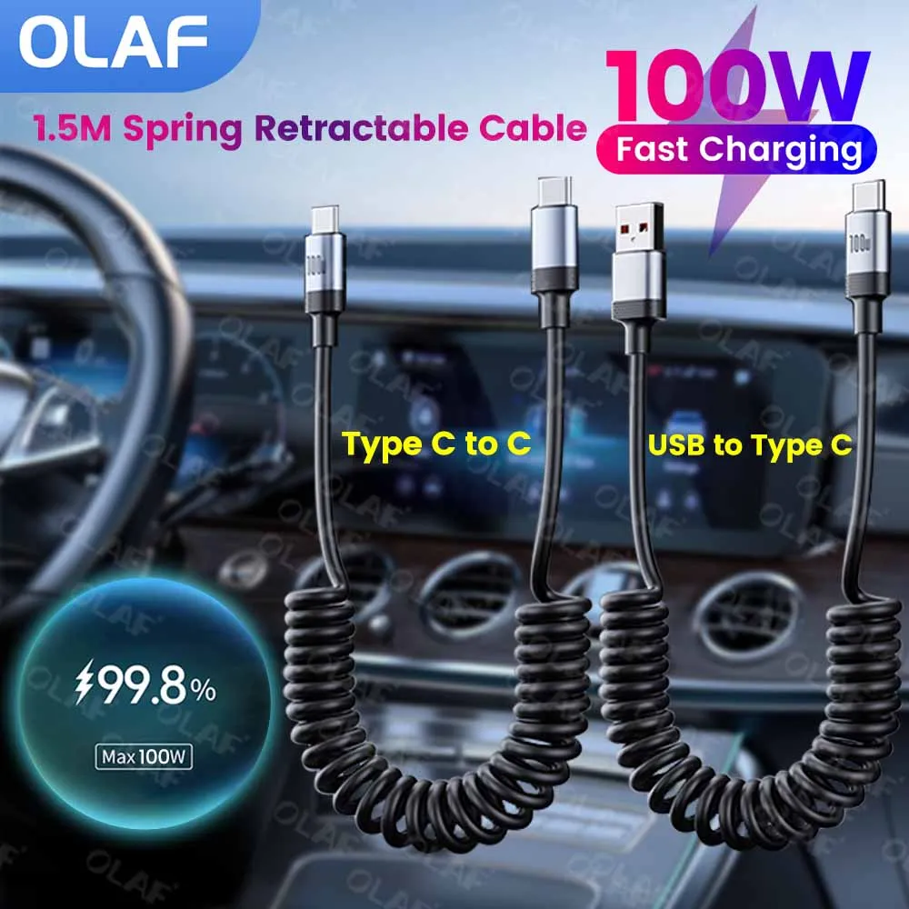 Cable USB tipo C a tipo C de 100W para iPhone 16 15 Pro 5A Cable de resorte USB a tipo C para Xiaomi Samsung Cable de carga rápida para coche