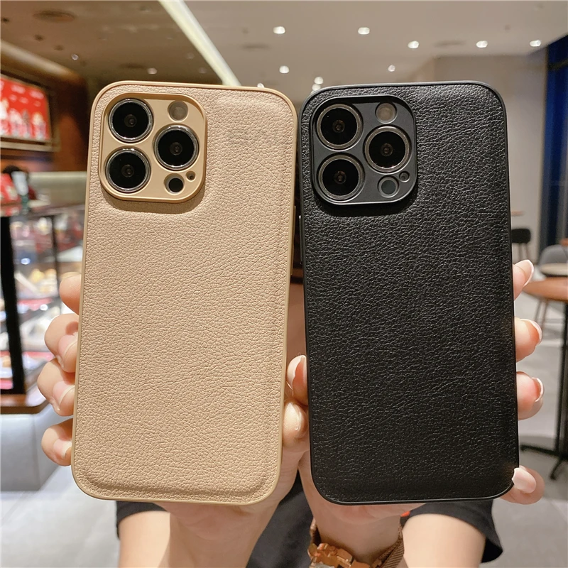 Funda a prueba de golpes con textura de cuero de lujo para iPhone, 14, 13, 12, 11 Pro Max, XR, X, XS, 7, 8 Plus, Mini SE, cubierta de protección de cámara completa suave