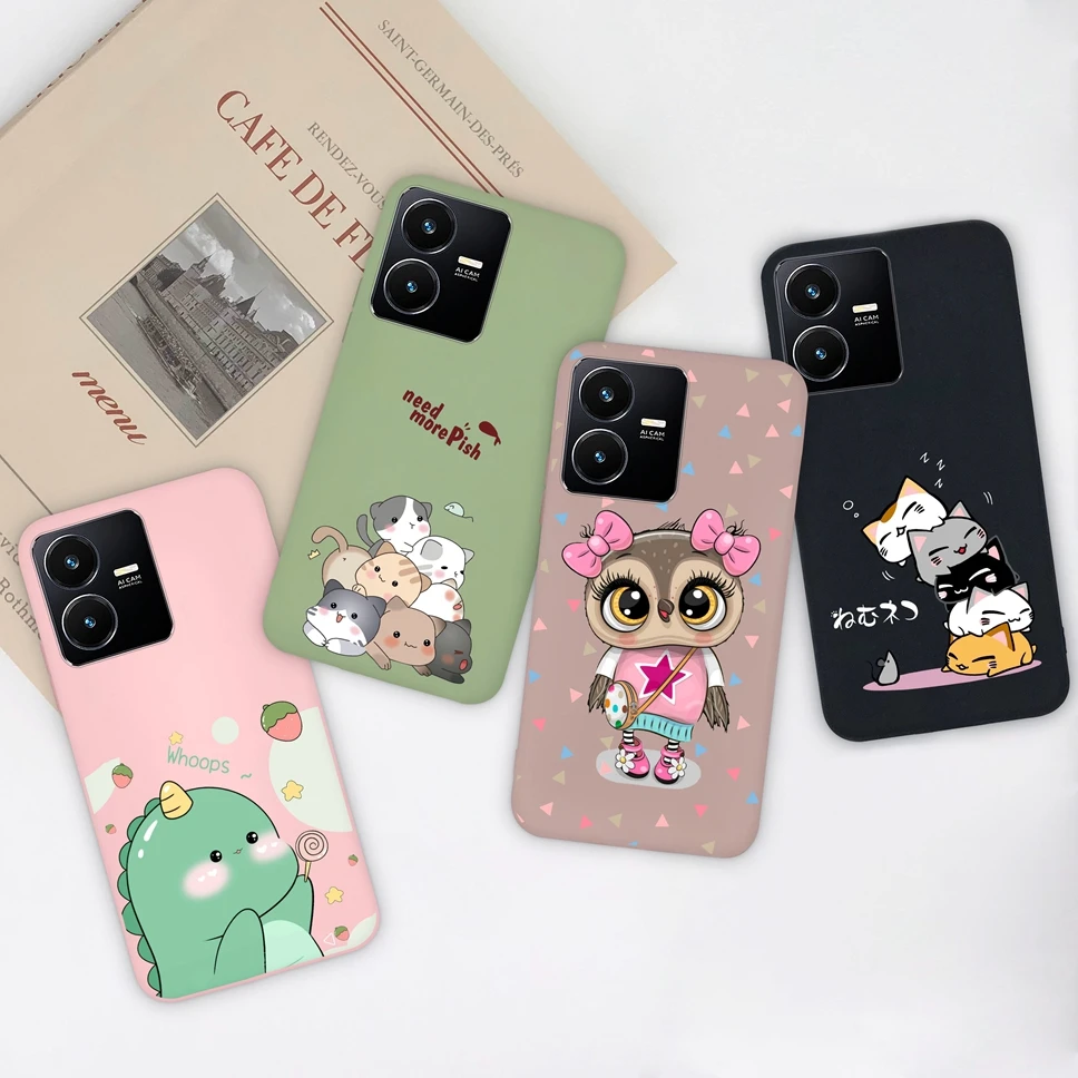 Funda para Vivo Y22, Y22S, Y35, Gato bonito, dinosaurio, silicona suave, TPU mate, Funda de teléfono para Vivo Y 22, Y22, S, Y35 - imagen 2