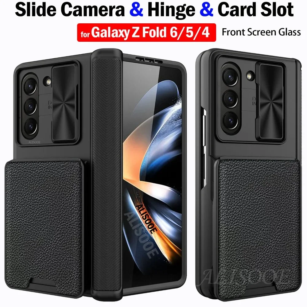 Funda con bisagra deslizante para cámara Samsung Galaxy Z Fold 6 Fold6 5 4, carcasa extraíble, billetera con ranura para tarjeta, pantalla frontal, cubierta de vidrio para teléfono