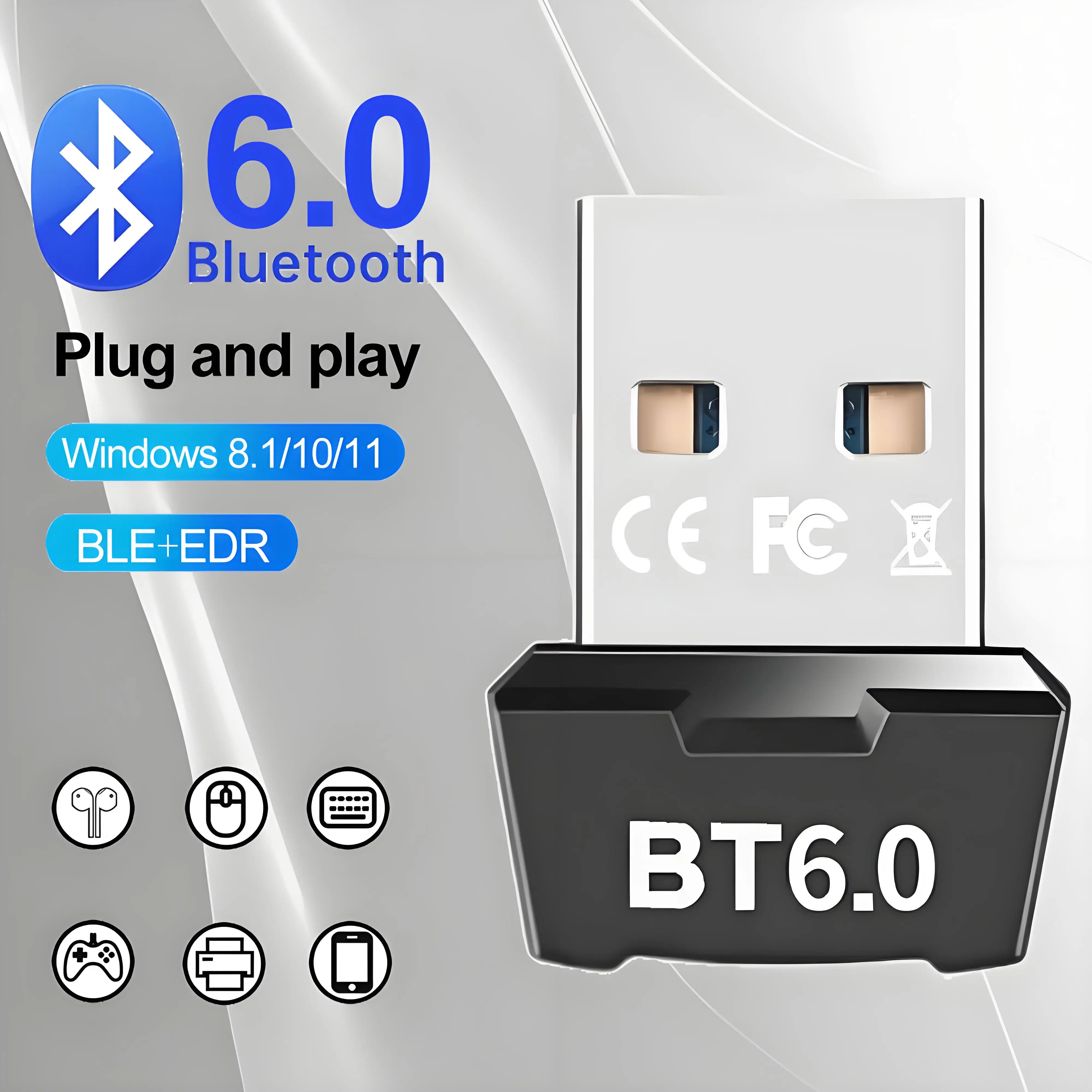 Adaptador Dongle USB Bluetooth 6,0 5,3 para altavoz de PC, ratón inalámbrico, teclado, receptor de Audio y música, transmisor sin unidad