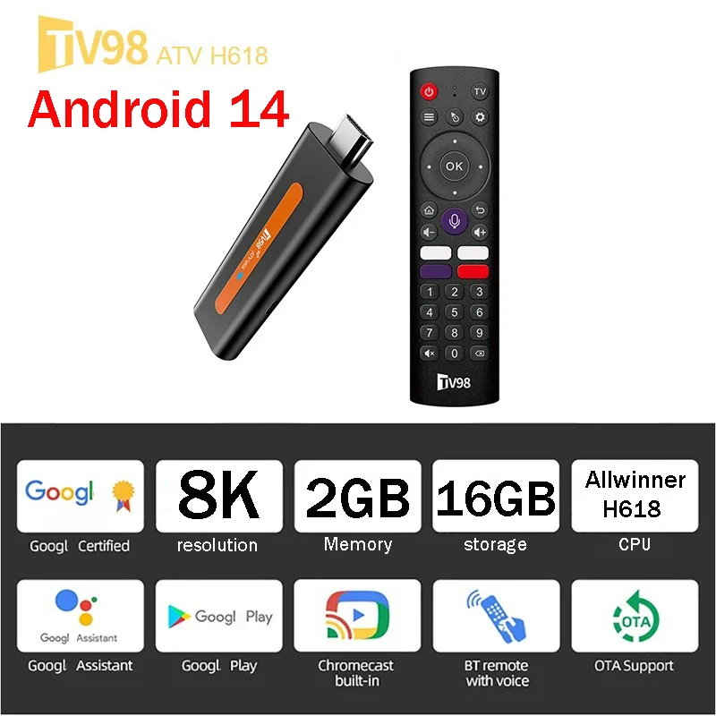 Smart TV Stick TV98 ATV H618 HDR10 8K Android 14 BT 5,0 ATV 2GB 16GB Allwinner H618 4G 5G Dual Wifi 6 reproductor multimedia TV Stick