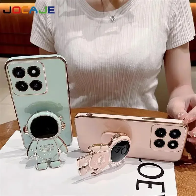 Funda de silicona a prueba de golpes para Xiaomi 14T Pro 13T 12T 11T Pro 14 T, funda con cordón y soporte de astronauta de dibujos animados galvanizado - imagen 3