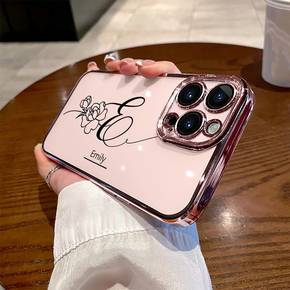 Funda personalizada con diseño de flores y nombre DIY, funda de TPU chapada transparente suave para iPhone 16 15 14 13 12 11 Pro Max