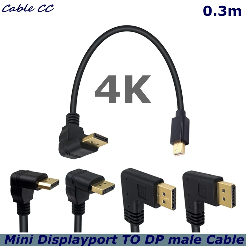 Cable Mini DP de 90 grados de 30cm, Cable de enchufe 4K, puerto de visualización a mini adaptador de Cable Displayport para PC, Cable Digital HDTV Viedo