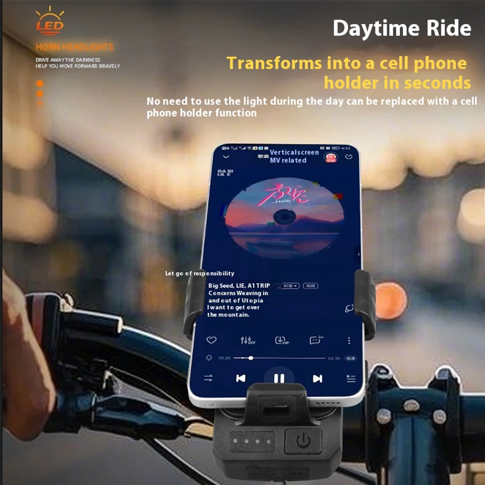 Luz delantera de bicicleta con bocina y soporte para teléfono, lámpara de seguridad para bicicleta, accesorios multifuncionales impermeables para ciclismo - imagen 2