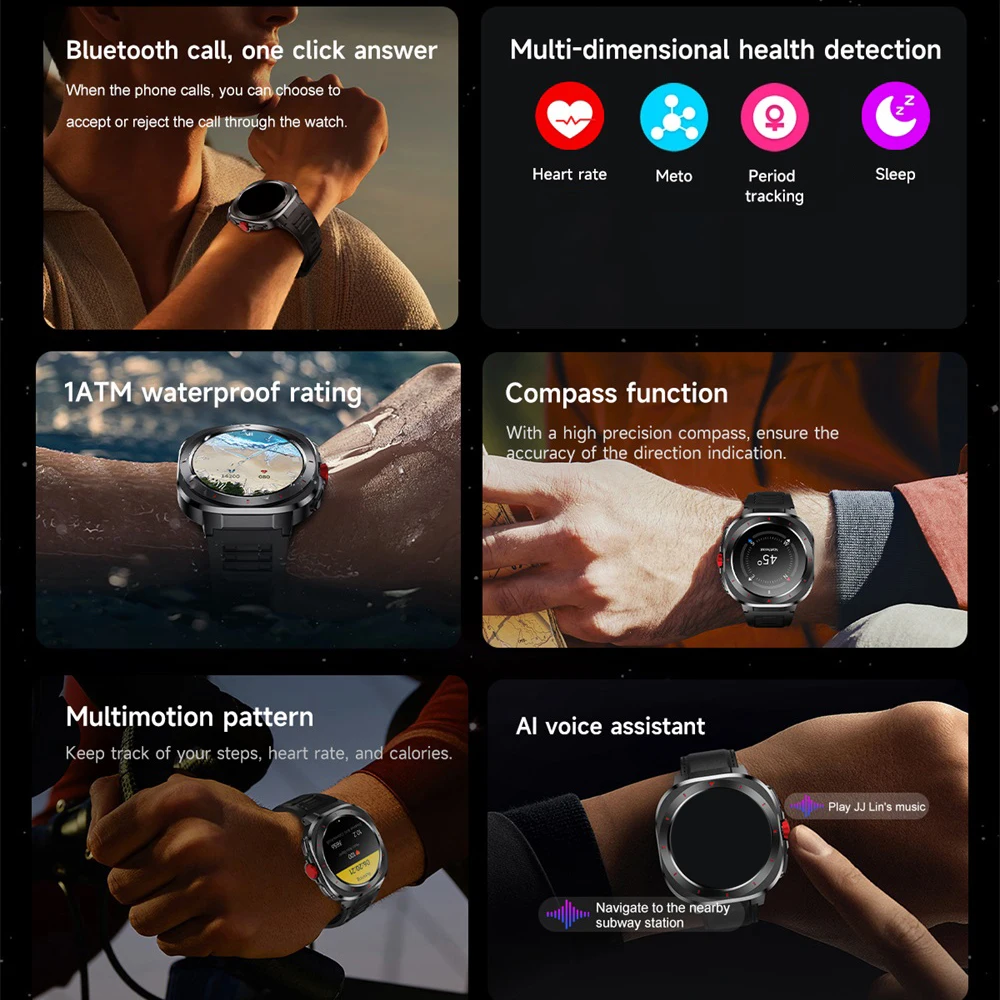 2025 relojes deportivos inteligentes para la salud, frecuencia cardíaca, brújula para exteriores, llamada de diente azul, reloj inteligente resistente al agua 1ATM, pulsera con asistente de voz - imagen 2