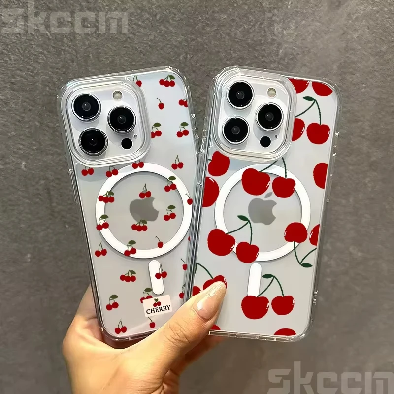 Funda con cargador inalámbrico Magsafe para iPhone 17 16 15 14 13 12 11 Pro Max 7 8 16 Plus XS XR, funda transparente con estampado de cereza bonita para teléfono