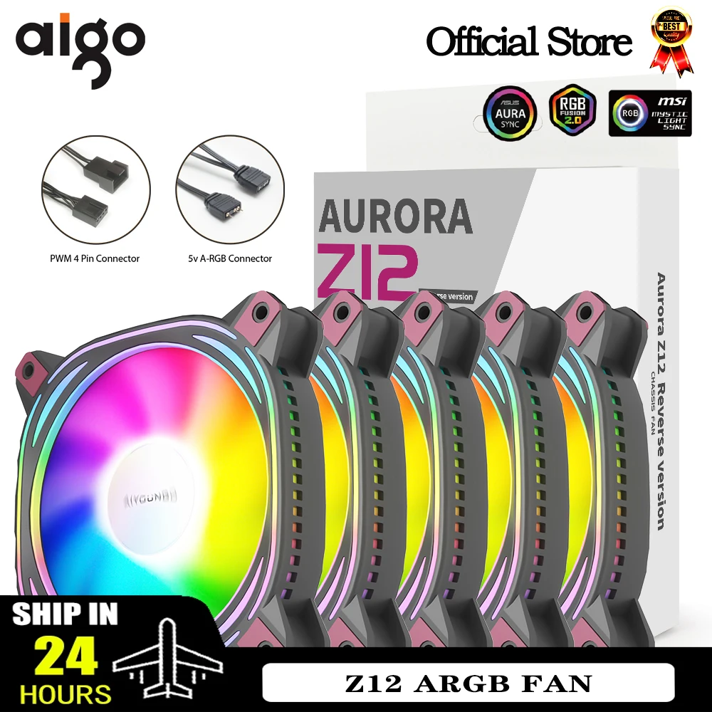 Aigo Z12 Ventilador con cubierta de computadora Reverse Ventoinha PC 120 mm Rgb Ventilador Enfriador 4 pines PWM CPU Ventilador de refrigeración 3pin5v Argb 12 cm Ventilador
