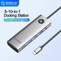 ORICO-estación de acoplamiento 5-10 en 1, concentrador tipo C a 4K60Hz, adaptador USB 3,0 compatible con HDMI, carga RJ45 PD100W para Macbook Pro Air y portátil