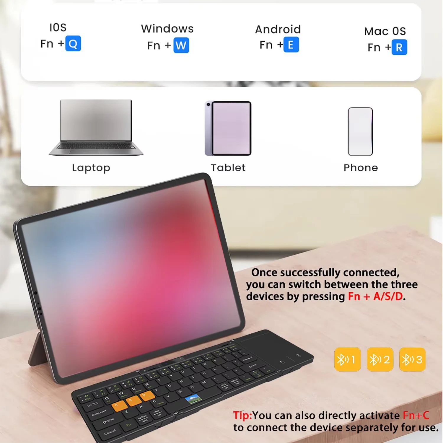 Teclado de viaje plegable con panel táctil y pantalla, teclado Bluetooth plegable para Windows iOS Android, teclado multidispositivo - imagen 4