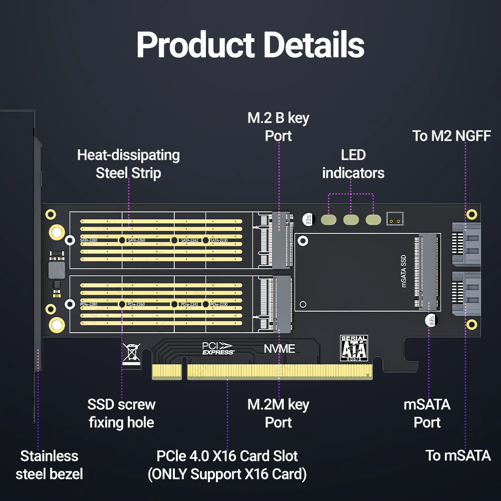 Tarjeta adaptadora JEYI NVMe NGFF y mSATA SSD PCIe 4,0/3,0, convertidor 3 en 1 M.2 NVME a PCIE/M.2 SATA SSD a SATA III/mSATA a SATA - imagen 5