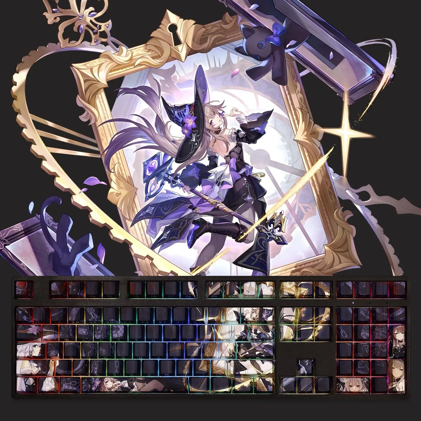 108 teclas/juego Honkai Star Rail The Herta Keycap PBT Impresión lateral teclas retroiluminadas dibujos animados Anime juego teclas para ANSI 61 87 104 108